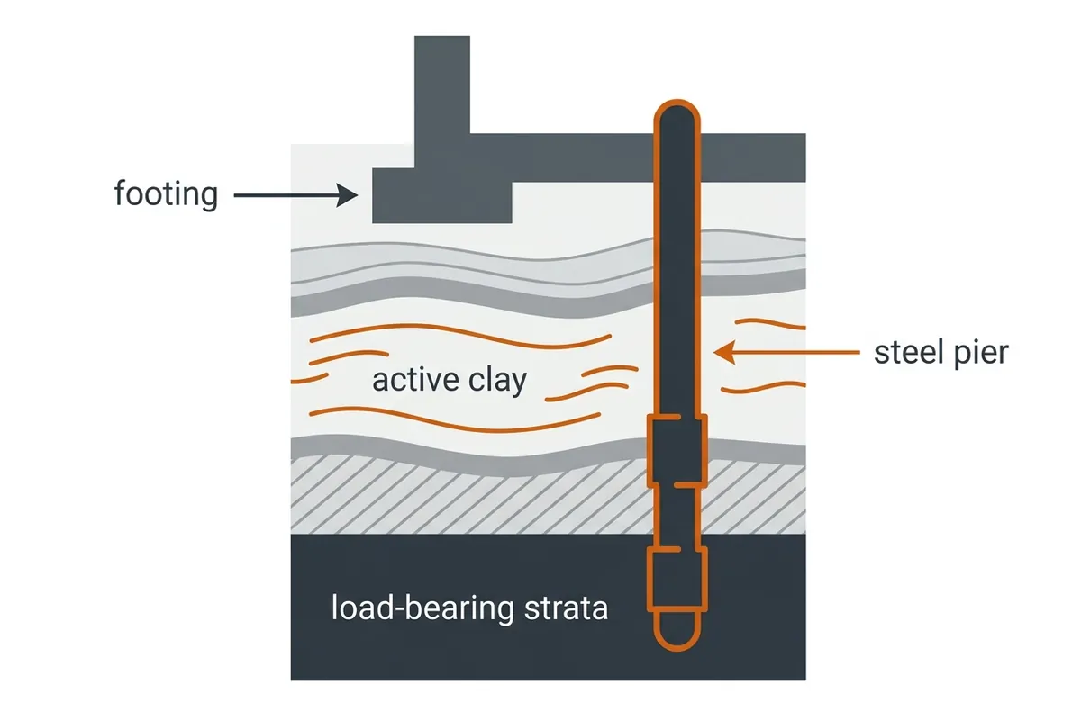 Cutaway diagram: steel pier driven through active St. Louis clay to load-bearing strata