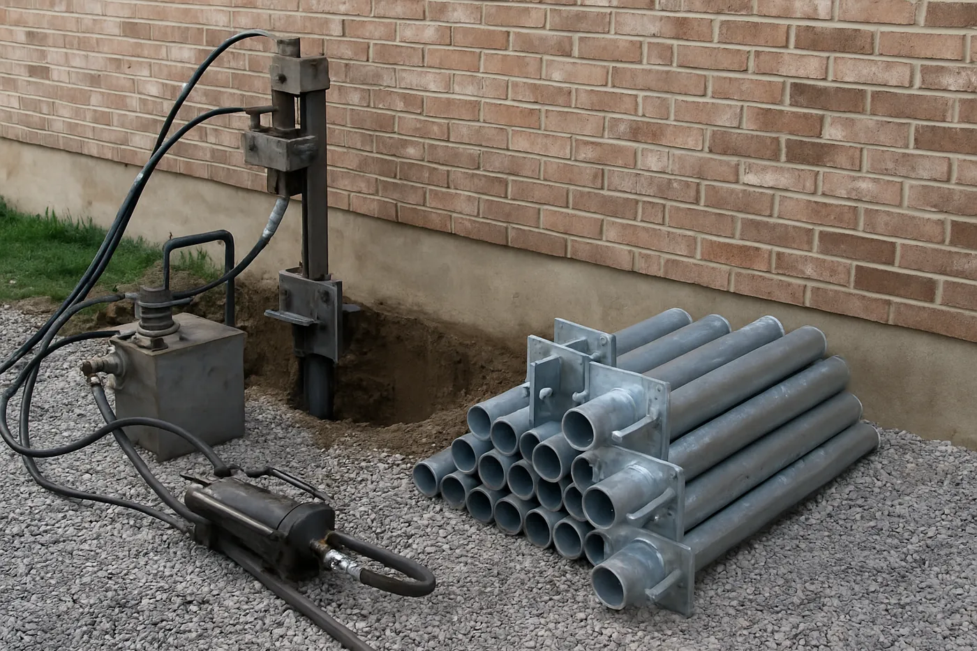 Hydraulic pier drive rig and galvanized steel push pier sections staged beside an excavated footing in St. Louis