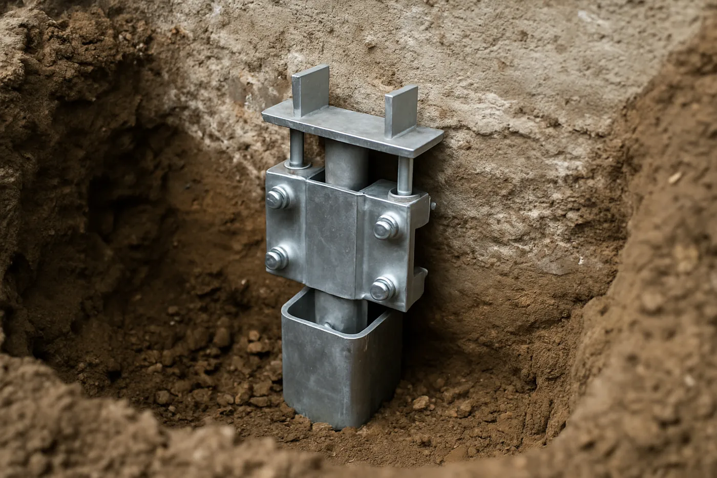 Steel push pier bracket bolted to a concrete footing during a St. Louis underpinning